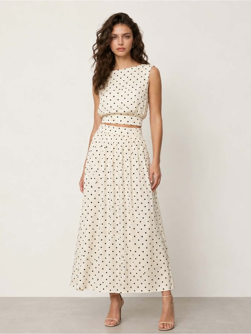 Sleeveless Dot Maxi Skirt Set  black and white